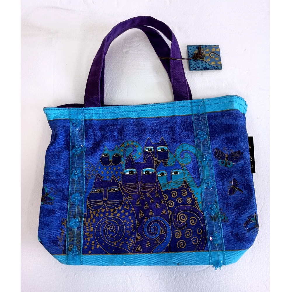 Laurel Burch Womens Tote Bag Blue Artistic Cat Print Canvas Handbag NWT